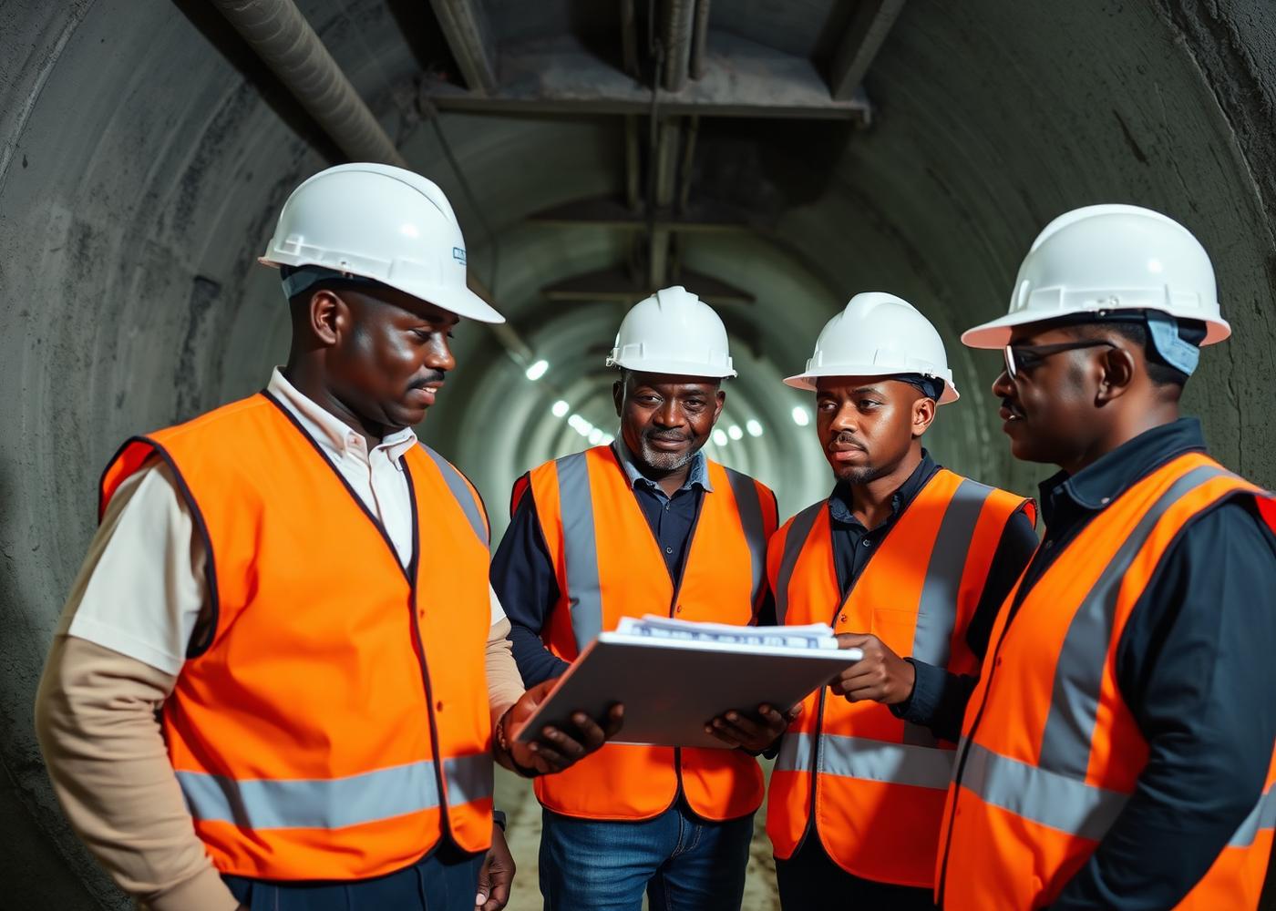 Tunnel engineering team reviewing plans inside an underground construction site